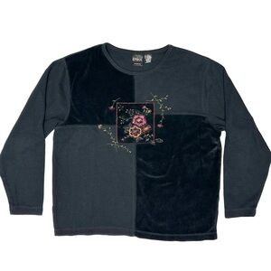 Vtg Erika Velvet Patchwork Knit Sweater Embroidered Floral Dark Cottagecore M